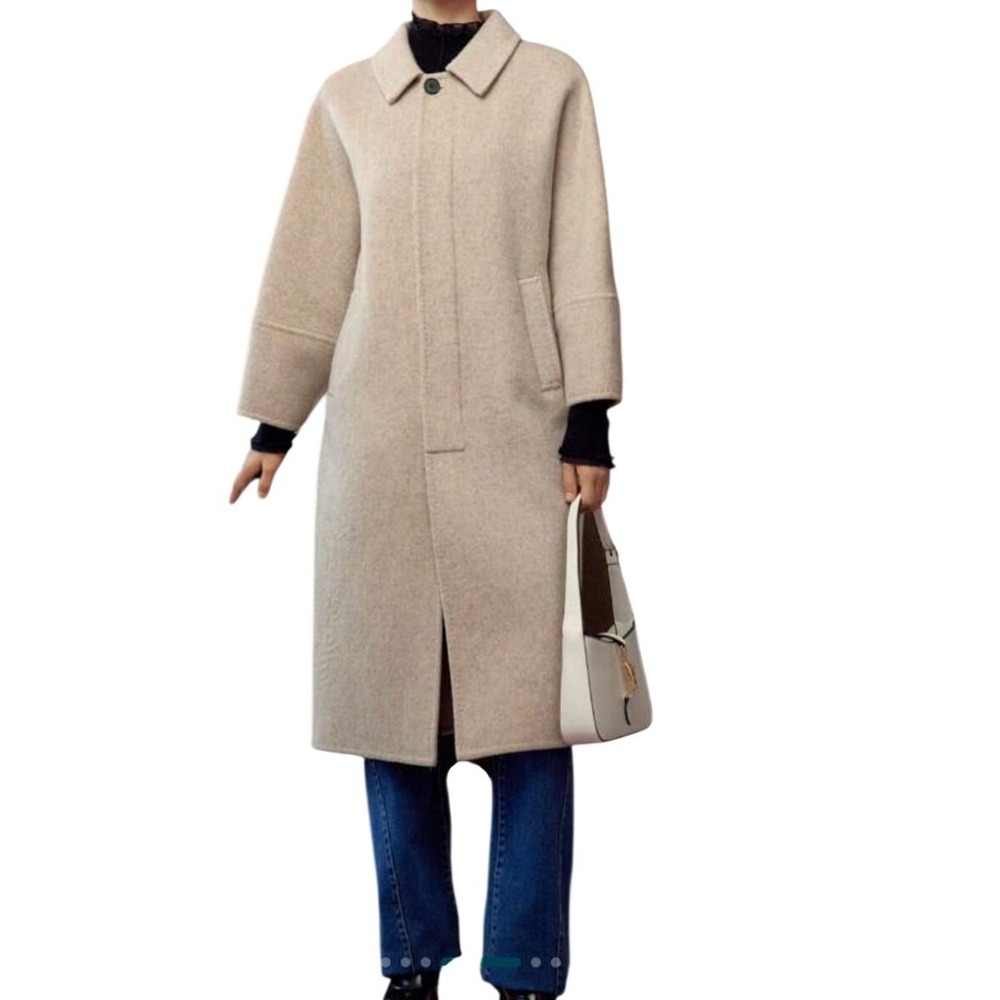 MOTF Premium Wool Blend Longline Overcoat Oatmeal Beige Minimalist Coat Size M - Picture 11 of 11